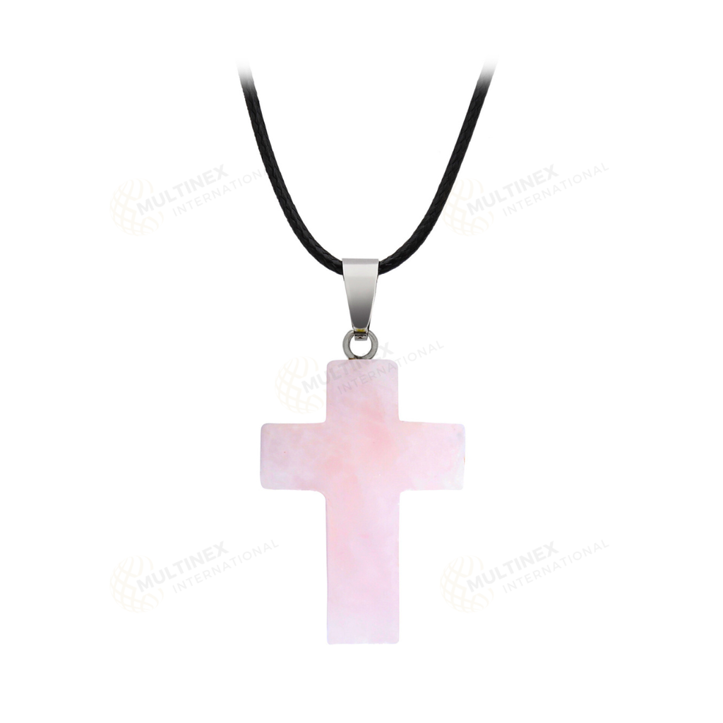 Natural Rose Quartz Crystal Gemstone Cross Pendant Necklace