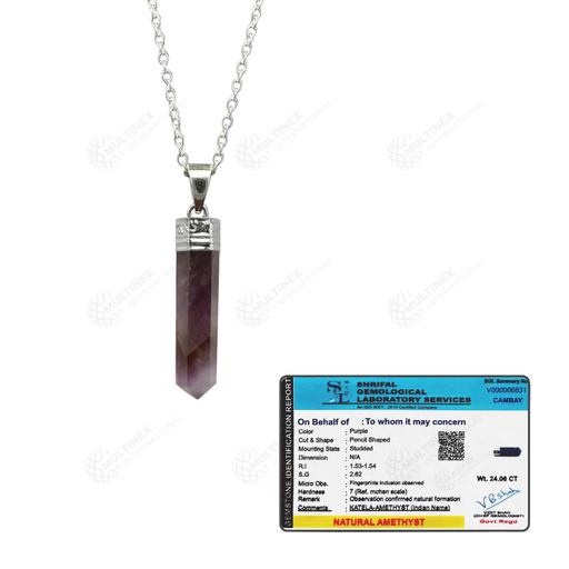 [MI-PP01] Natural Amethyst Crystal Gemstone Pencil Pendant Necklace 